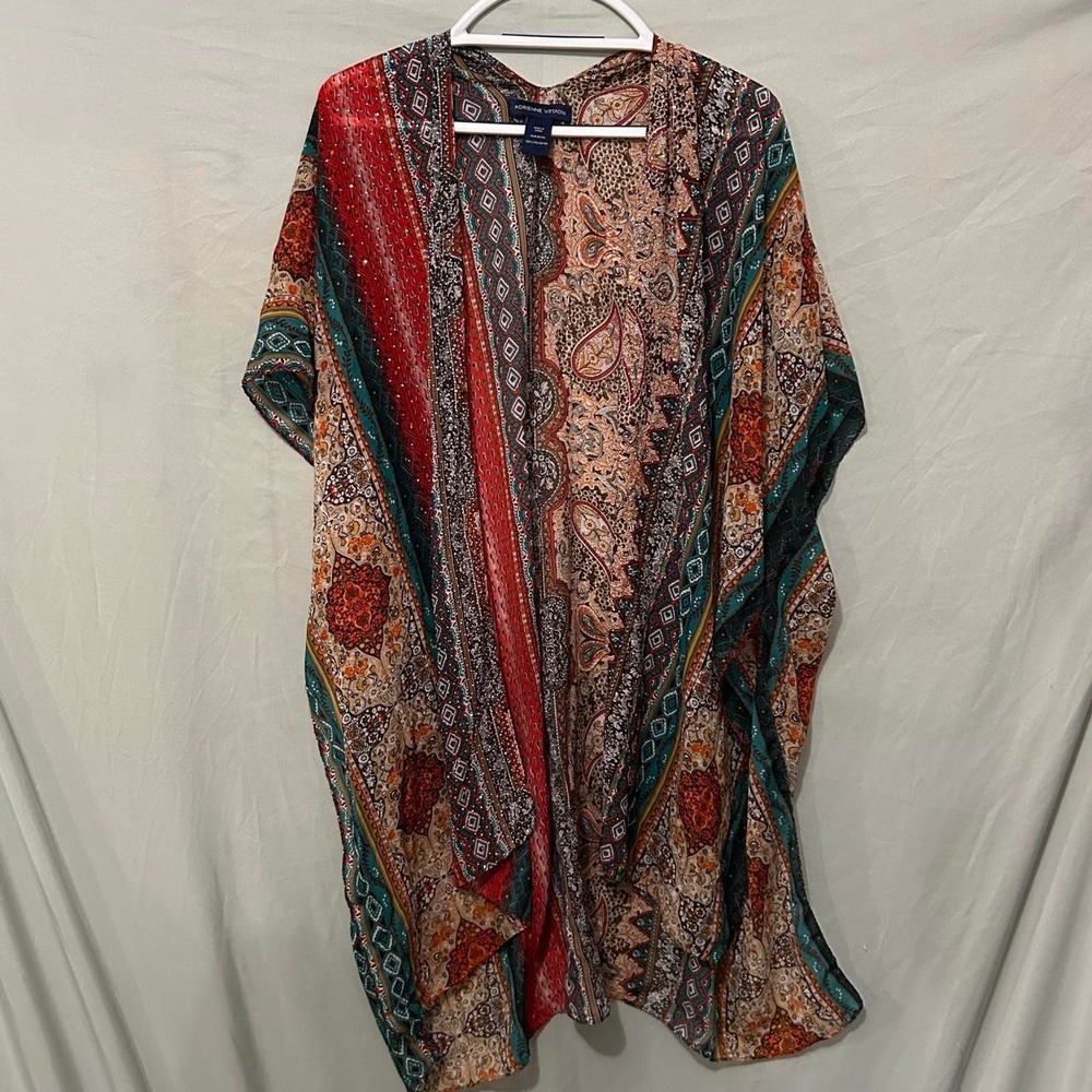 Adrienne Vittadini Boho Paisley Geometric Sequin Kaftan Kimono Open Front